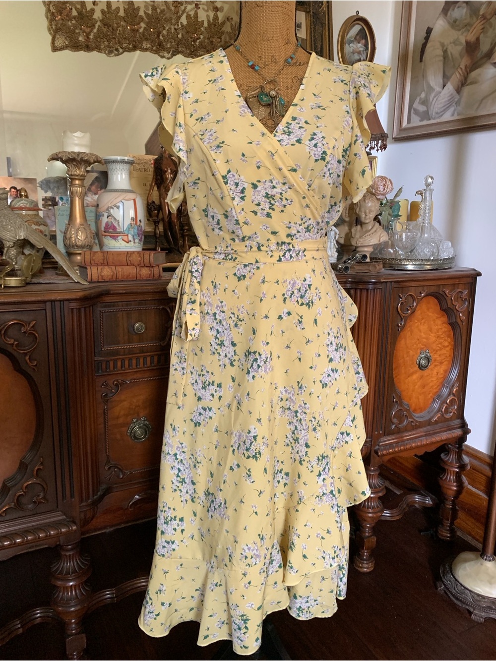 Vintage 40's/50's-inspo Spring Summer Boho Cottagecore Floral Yellow Wrap Dress